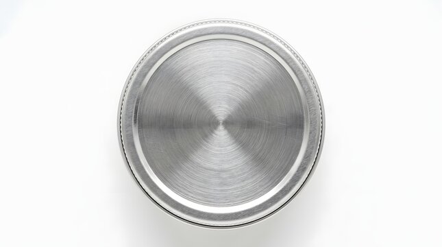 Top View of a Minimalist Brushed Metal Circular Lid Isolated on White Background