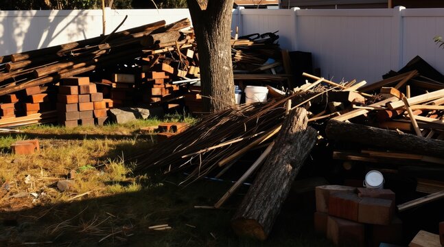 Backyard filled with construction debris and stacked wood logs. Bricks and tree trunks create a messy outdoor pile. Homeowner needs cleanup service for junk removal.