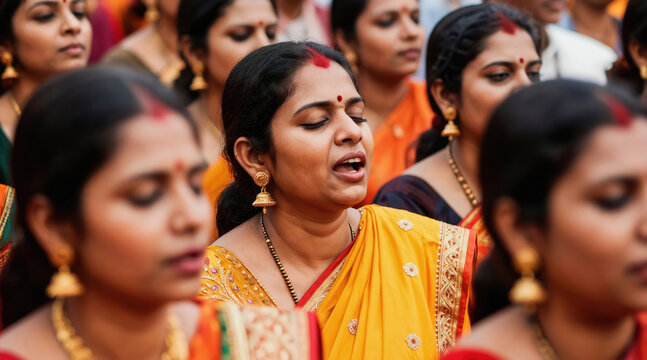 Indian women in colorful saris sing with devotion at a religious gathering. Their eyes are closed in spiritual immersion, creating a scene of deep faith and community during a traditional ceremony.