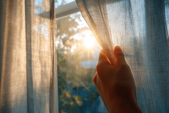 A hand pulls back sheer curtains as sunlight shines into the room.