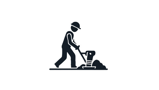 Construction Worker Using Tamping Rammer Silhouette Icon - Minimalist Flat Vector for Industrial Ground Compaction and Civil Engineering Projects