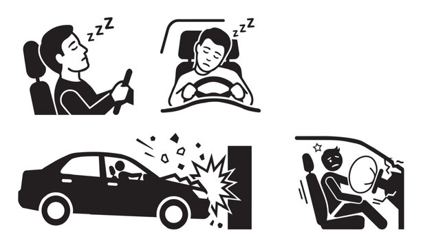 Infographic showing a sleeping driver at the steering wheel causing a car accident crash and airbag deployment.