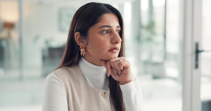 Thinking, planning and online with business woman for reflection, insurance fraud case or report. Investigation results, claims manager and vision with person in agency for lability review and idea