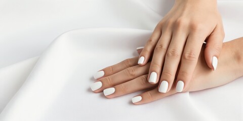 Fototapeta premium Elegant woman hands sport pristine white gel nails manicured on soft white fabric background. Nails look clean perfect, smooth, with simple chic style. Ideal for beauty ads.