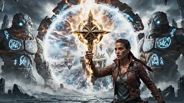 Female adventurer holds glowing artifact, stone guardians, energy portal