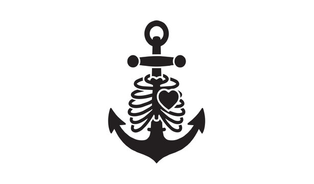 Nautical anchor combined with a human rib cage skeleton and a small heart inside vector silhouette illustration.