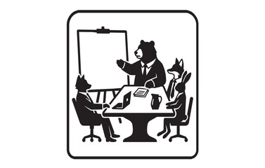 Fototapeta premium Business meeting concept vector illustration with animal characters including a bear presenting on a whiteboard to a fox, wolf, and rabbit.