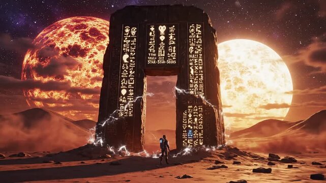 Female explorer discovers ancient alien monolith on fiery planet