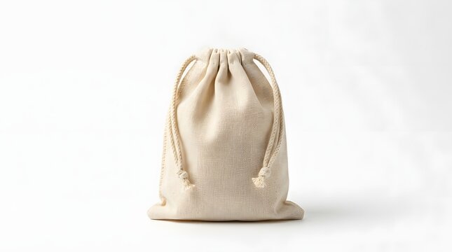 Minimalist Cream Cotton Drawstring Bag Mockup - Eco-Friendly Fabric Pouch Isolated on White