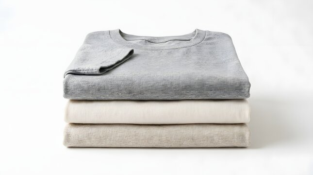 Stack of Folded Basic T-shirts in Neutral Grey and Beige Colors Isolated on White Background