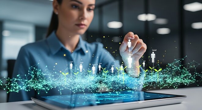 Lead generation concept. A close-up of a digital marketer's hands 'planting seeds' in a holographic 'digital field', which sprout as 'leads' (person icons).