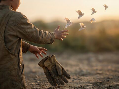 A young boy releasing birds from his hand while holding worn work gloves as a symbol of freedom and ending child labor. world day against child labour with childhood. world day against child labour