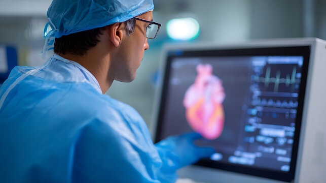 Medical professional review heart scan on monitor in hospital procedure room. Doctor analyze cardiac data for diagnosis and treatment plan