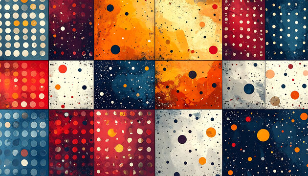 Patchwork of abstract colorful squares, textured patterns, playful dots, and splatters, retro aesthetic, energetic composition