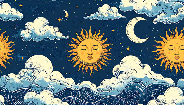 Pixel art celestial pattern with suns and moons in starry night sky, clouds and cosmic elements