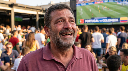Fototapeta premium Happy emotional soccer fan at public viewing event