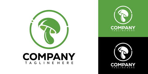 Vector graphic illustration of a modern mushroom company logo design with green and black color schemes and a clean typography style for a professional brand identity © agung