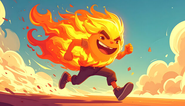 Pixel art character with fiery hair and body running outdoors under a blue sky with clouds, energetic motion, playful character design