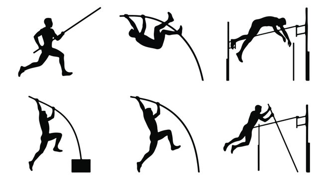 Collection of silhouettes of athletes performing pole vaulting techniques