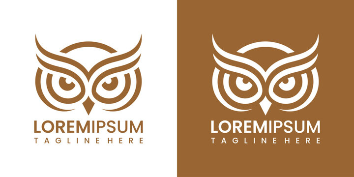 Minimalist owl logo design with modern lines and shapes in brown and white colors for business branding and identity purposes with a clean tagline space.