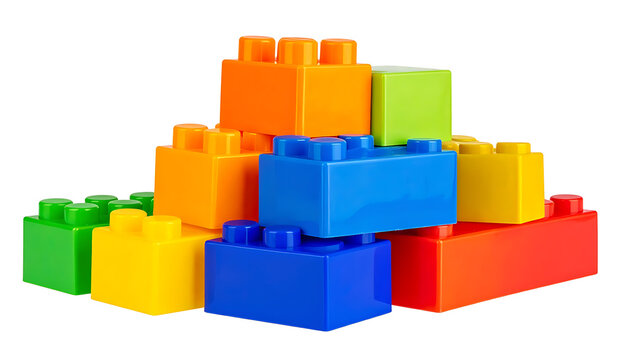 Pile of colorful building blocks for construction and creativity, isolated on white background