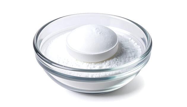 Pile of white powder in glass bowl with large round tablet on top, isolated on white background