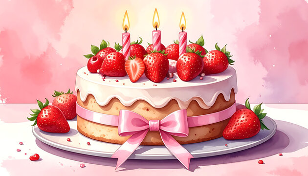 Pink birthday cake with strawberries and candles, celebration dessert, festive occasion