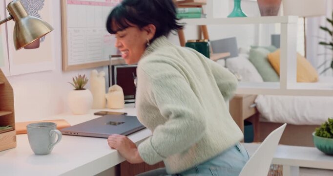 Goal, target and laptop with a business woman closing her computer after a task, report or deadline. Success, email and achievement with a young female employee or entrepreneur working in a startup