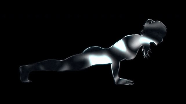 Silver metallic woman doing push-ups fitness training silhouette. Alpha channel. Seamless loop video.
