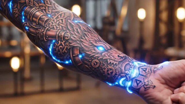 Detailed glowing Celtic knot and mechanical tattoo on arm