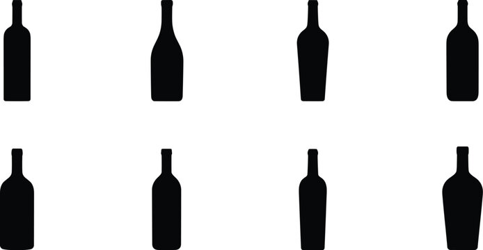 Silhouettes of bottles in varied shapes and designs for packaging, branding, product illustration, and design reference projects