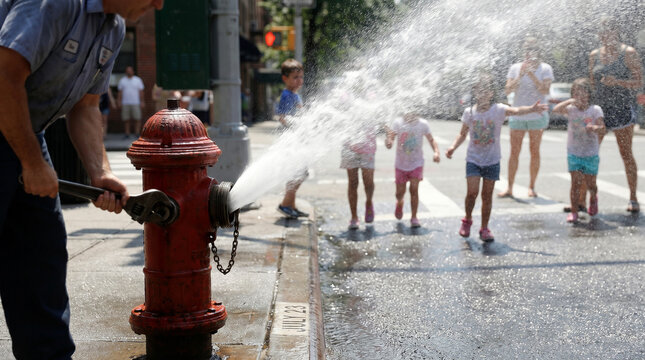 Worker opening city fire hydrant for playing children