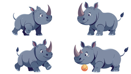 Fototapeta premium Cute cartoon rhino set in various poses with ball, vector illustration isolated on white background