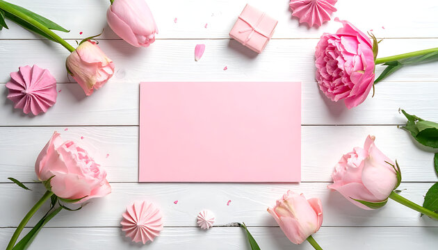 Pink roses and tulips arranged with gift boxes and meringue cookies on a white wooden surface, blank card for text, gentle spring aesthetic