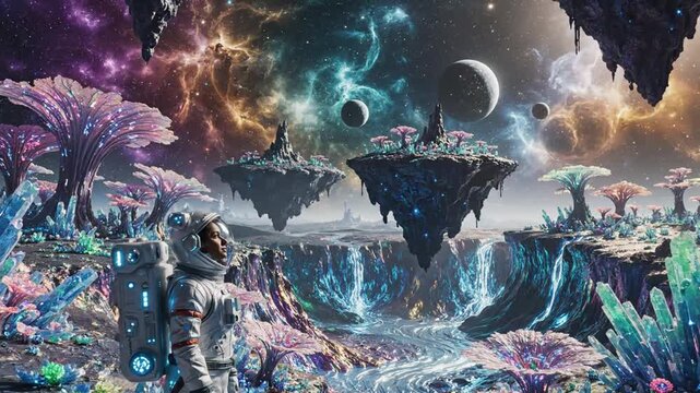 Female astronaut explores vibrant alien planet with glowing flora