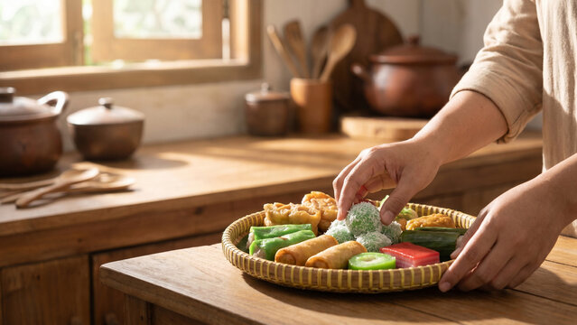 Arranging Assorted Indonesian Traditional Cakes in Woven Basket