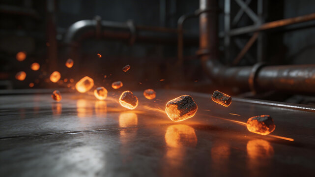 Hot metal pieces rolling on industrial floor symbolizing conceptual art and dynamic energy