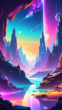 Pixel art alien landscape with vibrant neon mountains, a glowing river, and cosmic sky with planets, retro sci-fi aesthetic