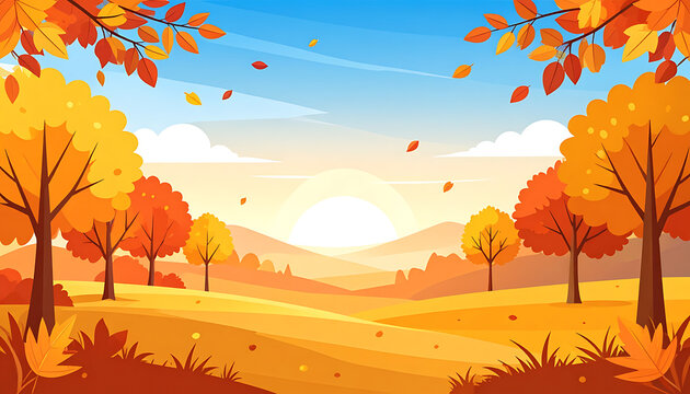Pixel art autumn landscape with colorful trees, rolling hills, falling leaves, and a bright sun setting over distant mountains, evoking a warm and nostalgic mood