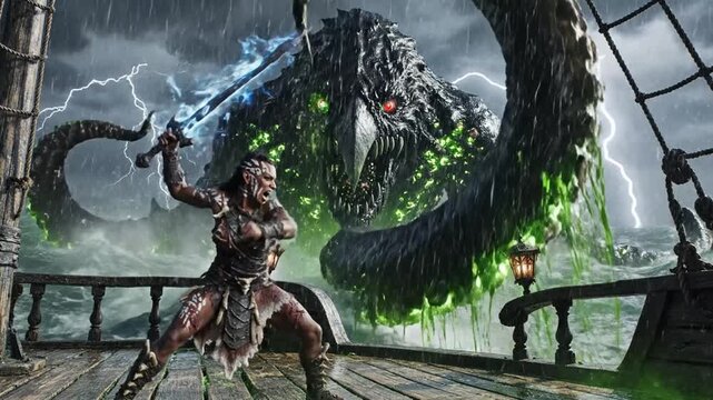 Female warrior battles giant sea monster on ship in storm