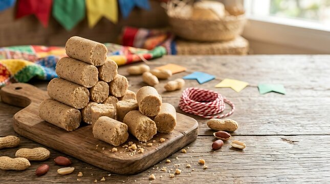 Traditional Brazilian Festa Junina peanut candy pacoca stacked on a wooden board with festive decorations