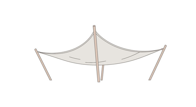 Minimalist tent structure with wooden poles and fabric canopy