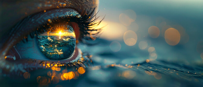 Eye macro reflections. Ocean waves sunset pupils. Concept nature environment climate sustainability imagination future creation vision ecology ideas. Assets marketing campaigns media. Photos artworks.