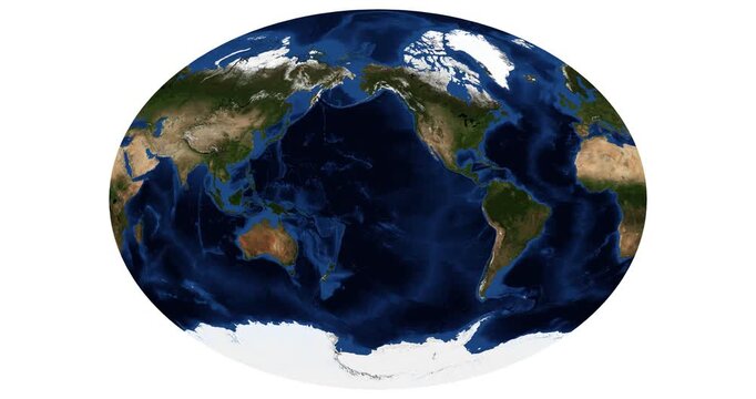 World Map in Fahey Projection. Animated longitude shift rotation. High-detail physical map of Earth. June View. Elements of this video furnished by NASA.