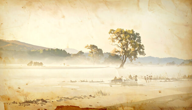 Pastoral landscape with gentle mist settling over a field with trees, warm sunlight illuminating the serene morning atmosphere, idyllic rural scene, natural beauty and tranquility
