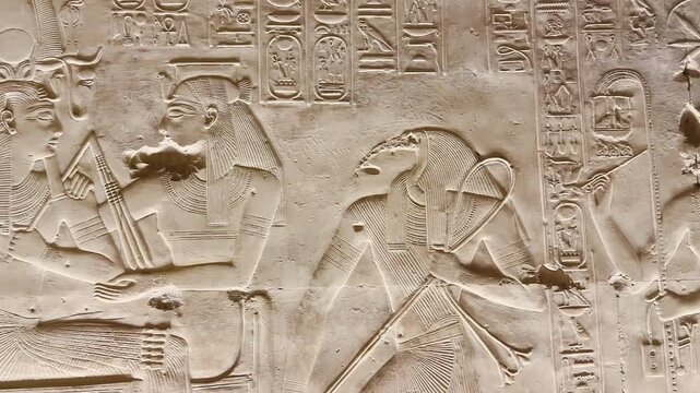Beautiful bas-reliefs and ancient hieroglyphs in the Temple of Seti I in Abydos, Egypt
