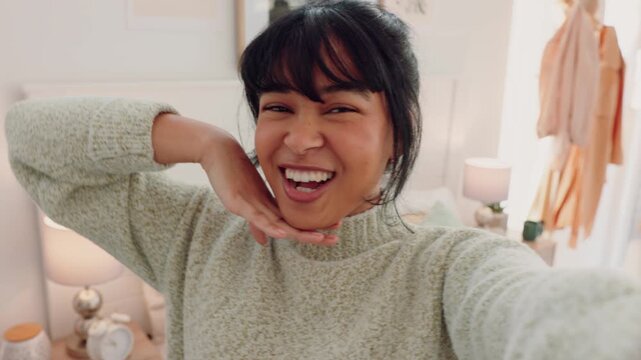 Influencer woman in bedroom interior live streaming video POV for social media excited for her apartment, home or real estate. Gen z student recording dorm room design and furniture for online app
