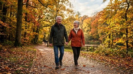 Obraz premium Senior couple walking hand in hand in autumn forest during golden hour