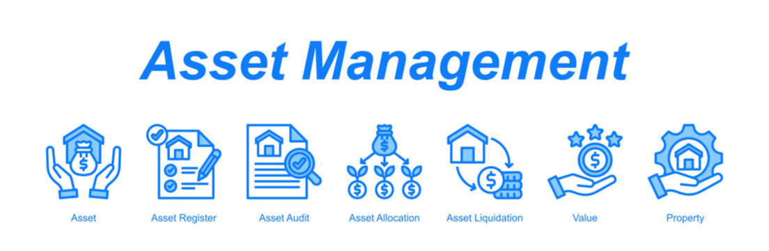 Asset Management banner web icon vector illustration concept with an icon of Asset, Asset Register, Asset Audit, Asset Allocation, Asset Liquidation, Value, Property 