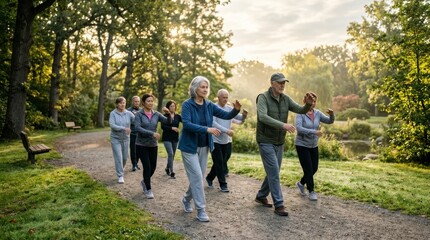 Fototapeta premium Group of seniors jogging together in a peaceful forest trail during golden hour